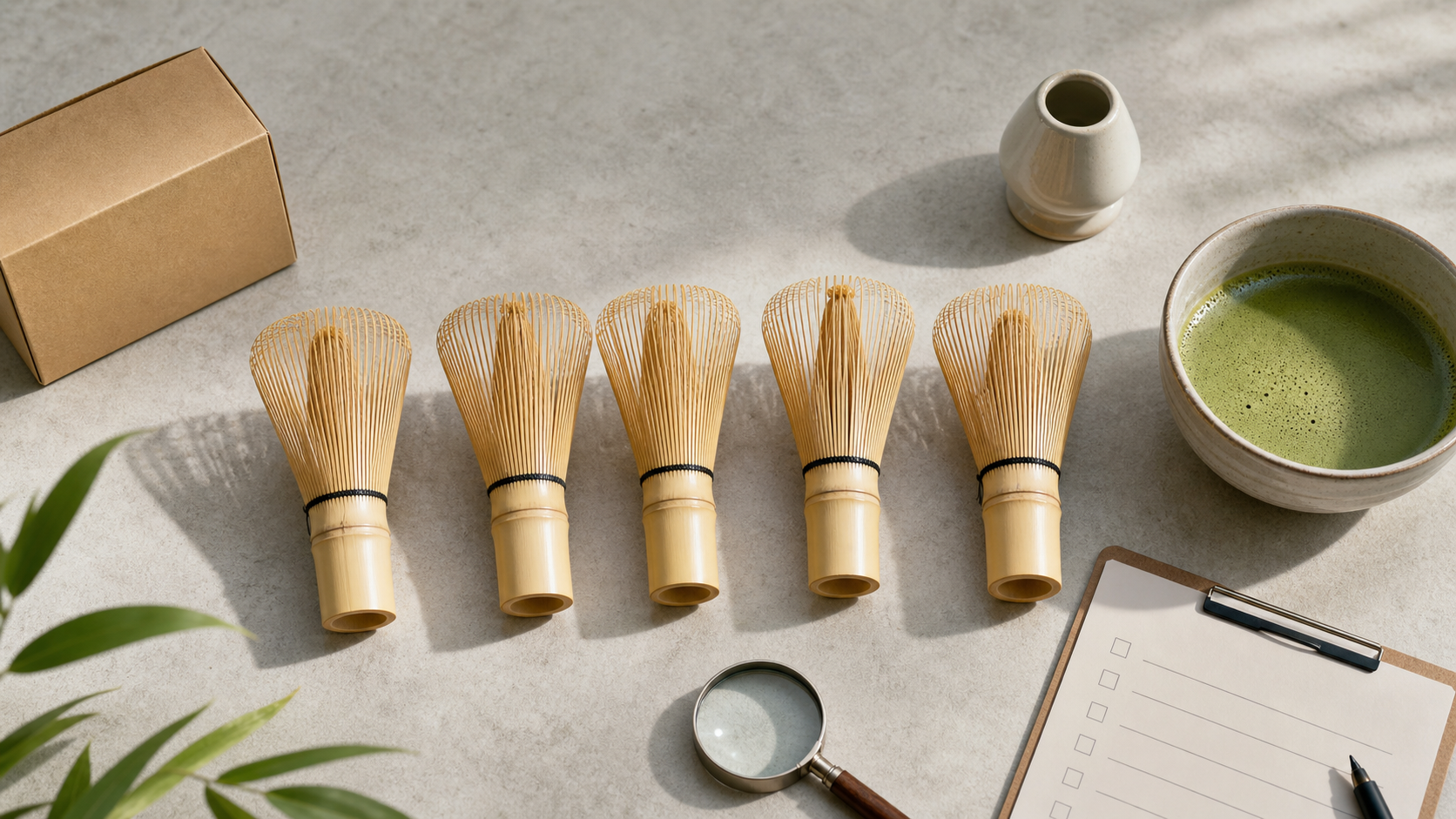 Five clean bamboo matcha whisks arranged beside a bowl of prepared matcha