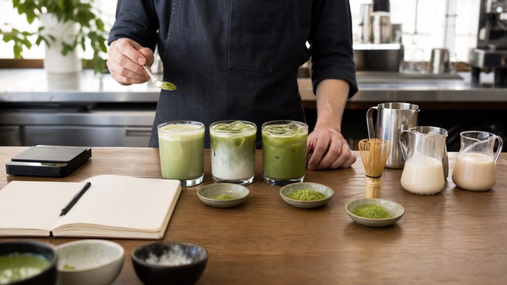 Barista comparing matcha latte samples in a café recipe test