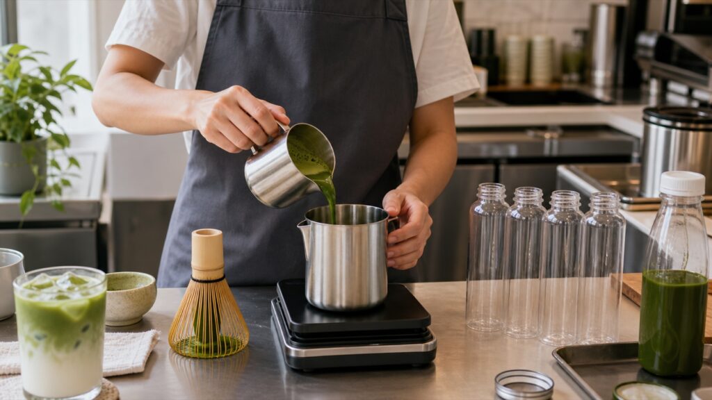 Barista preparing a measured batch of matcha concentrate for café service