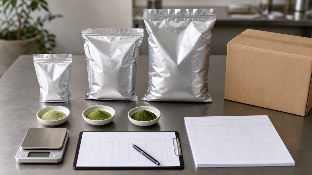 Plain bulk foil bags, three matcha samples, scale, carton and blank procurement documents
