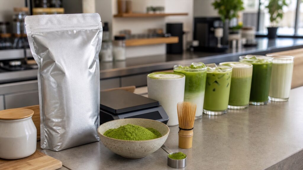 Unbranded one kilogram matcha bag with café drinks and measuring equipment