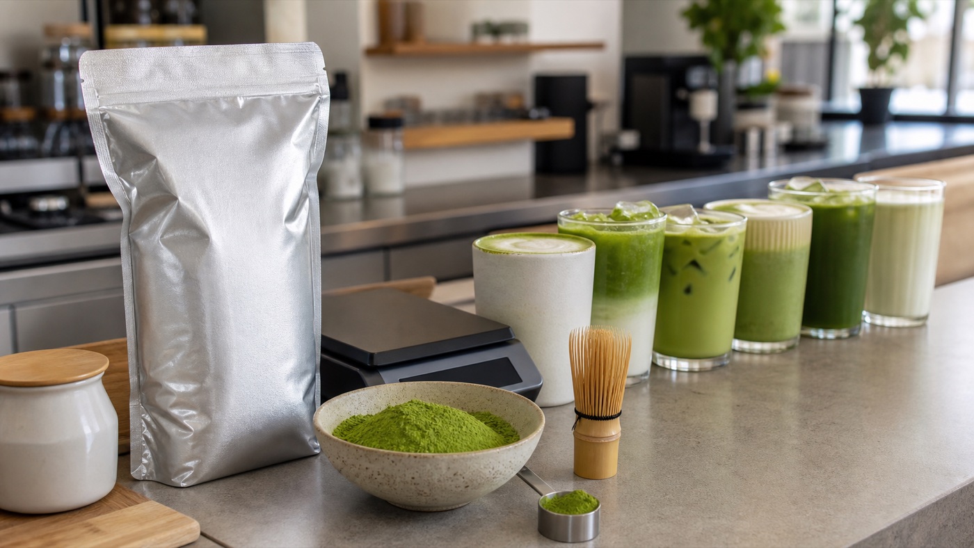 Unbranded one kilogram matcha bag with café drinks and measuring equipment