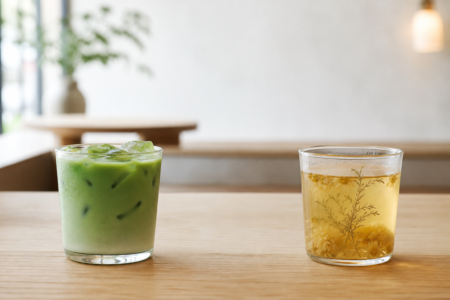 Unbranded iced matcha and pale herbal infusion displayed separately on a café table