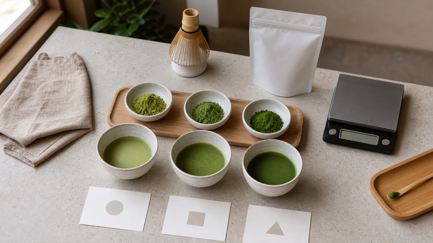 Three coded matcha powders and prepared cups arranged for blind sensory testing