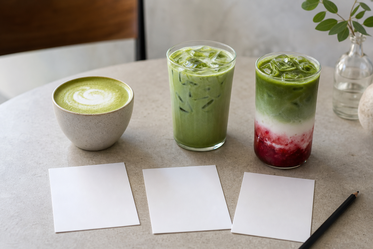 Three unbranded café-style matcha drinks arranged with blank menu cards