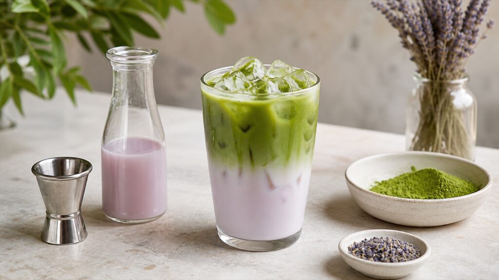 Layered iced lavender matcha latte with syrup, matcha powder and culinary lavender