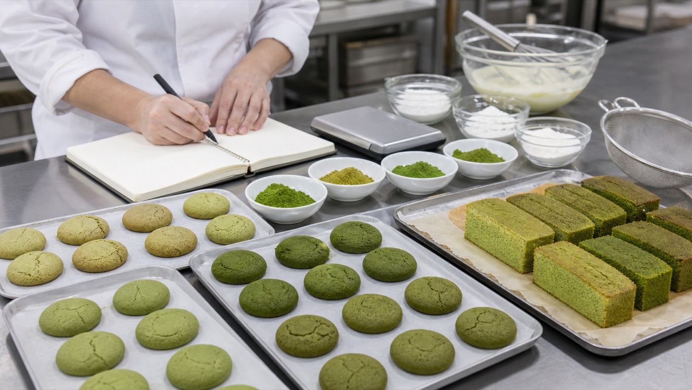Baker comparing matcha cookies and cakes in a commercial recipe test
