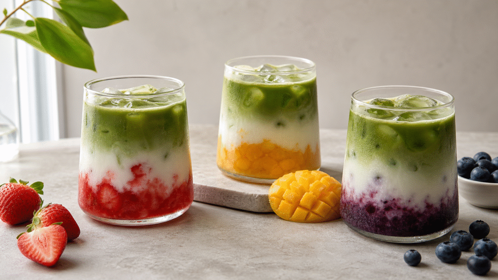 Three colorful fruit matcha lattes arranged together on a table