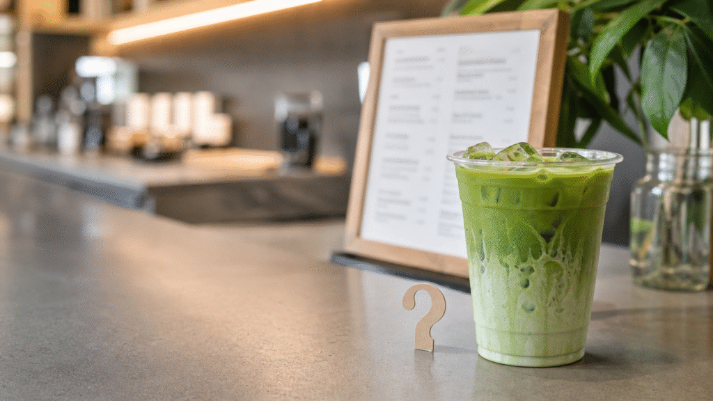 Unbranded iced matcha latte beside a blurred cafe menu and question marker