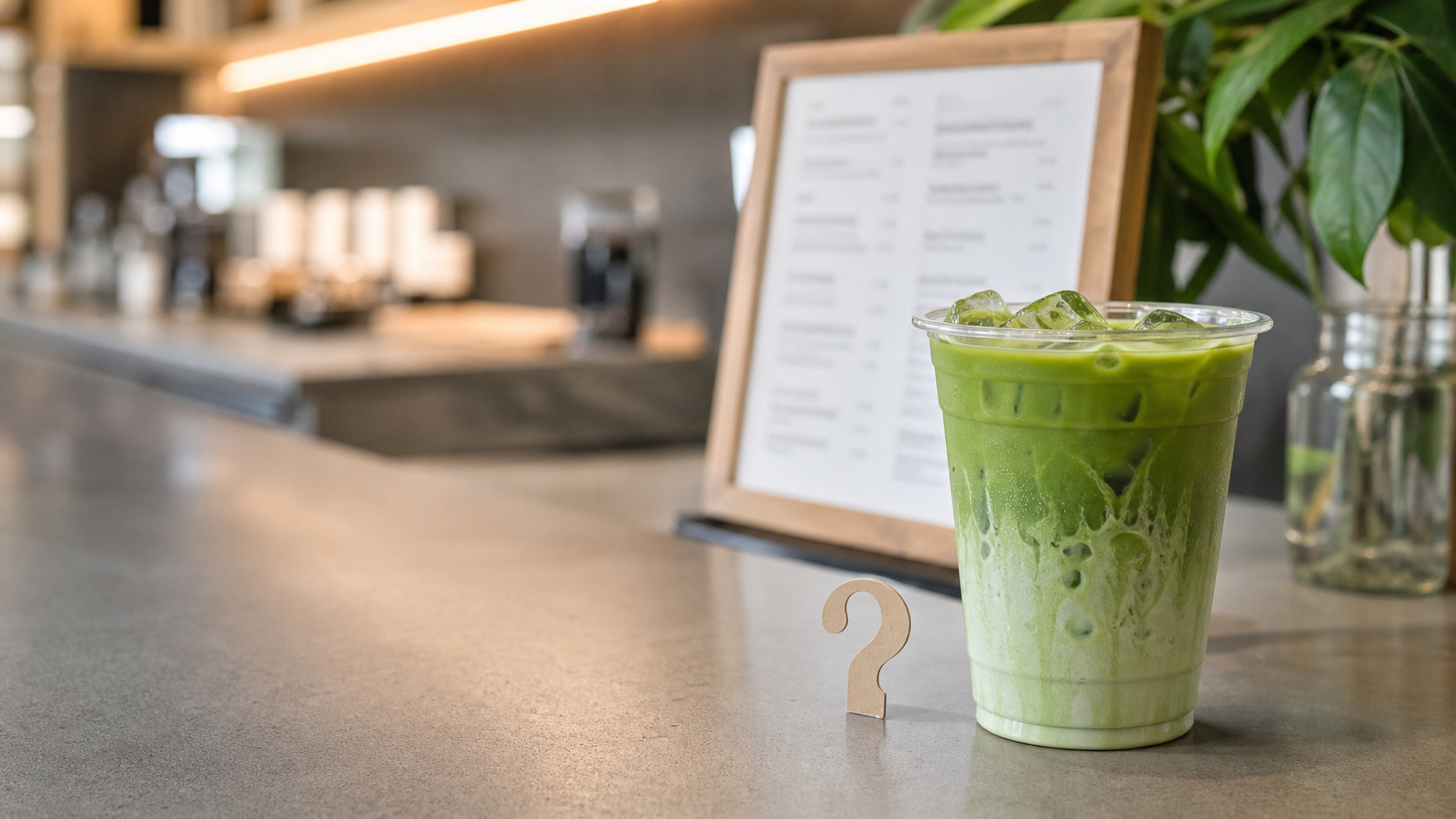 Unbranded iced matcha latte beside a blurred cafe menu and question marker
