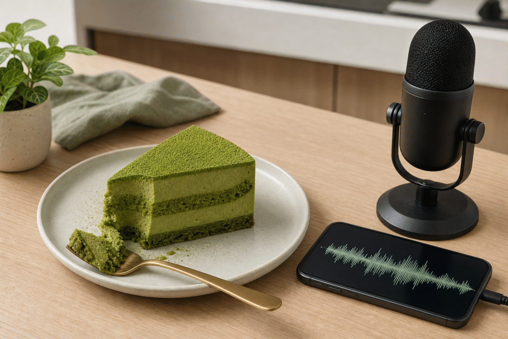Matcha cake slice beside a phone with an abstract audio waveform and an unbranded microphone