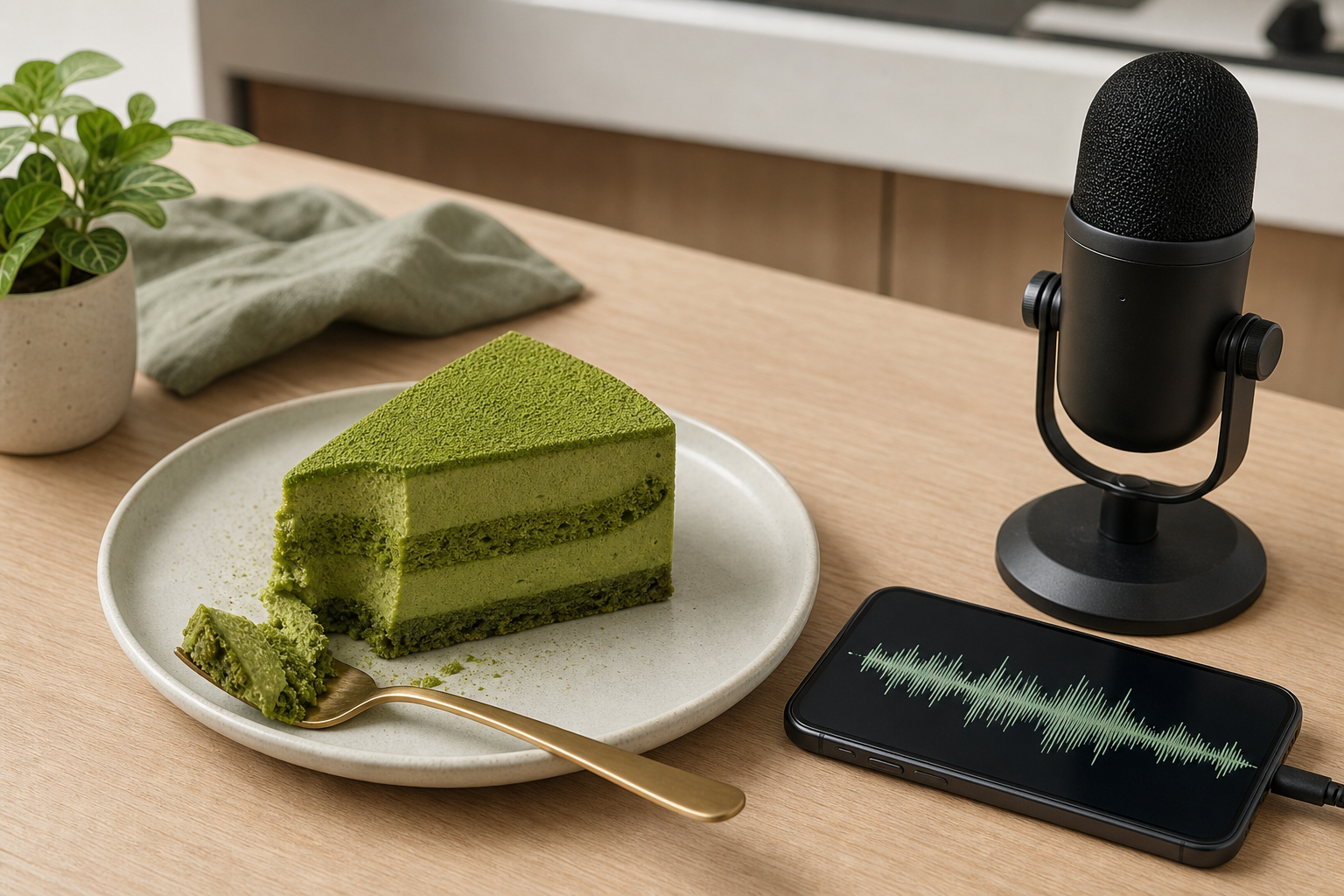 Matcha cake slice beside a phone with an abstract audio waveform and an unbranded microphone