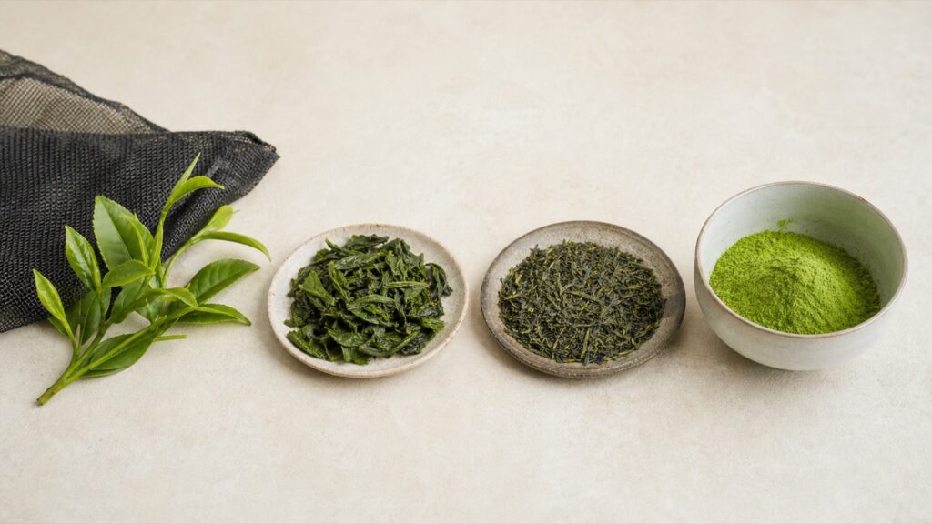 Conceptual sequence of fresh tea shoots, processed leaves and fine matcha powder