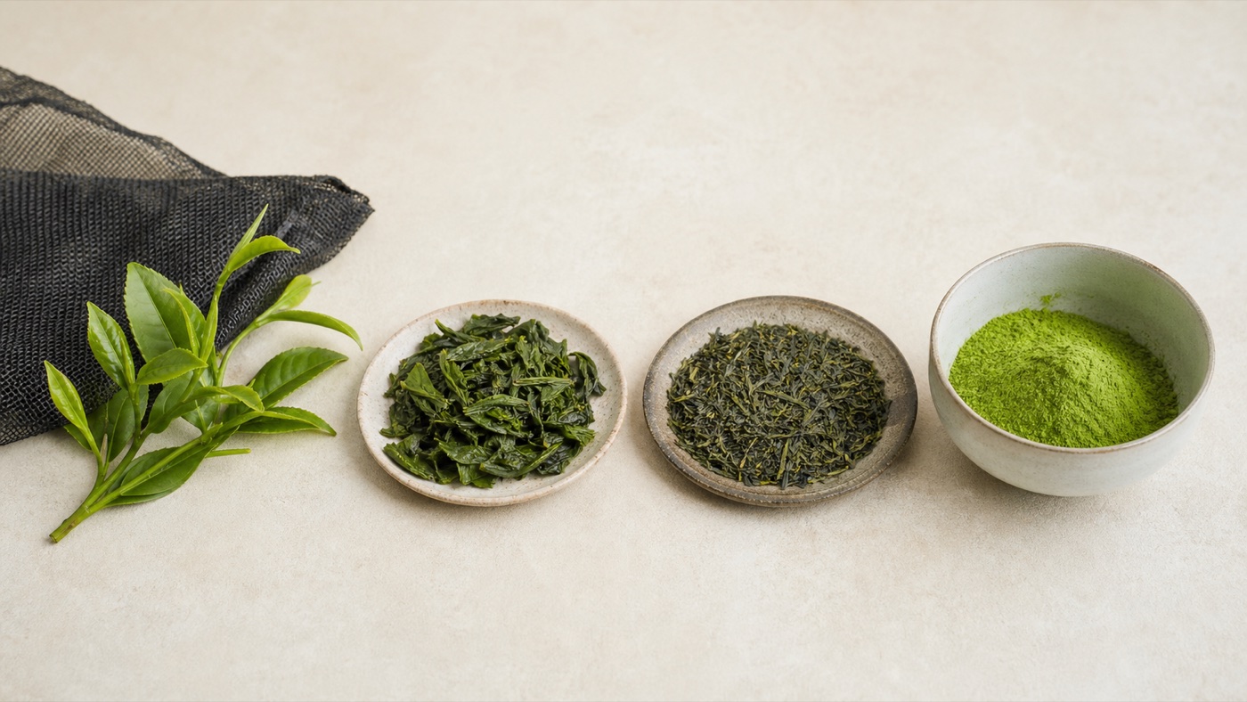 Conceptual sequence of fresh tea shoots, processed leaves and fine matcha powder