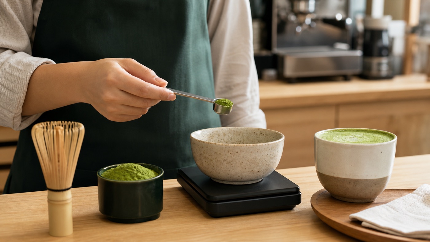 Barista measuring matcha powder by weight for a café latte