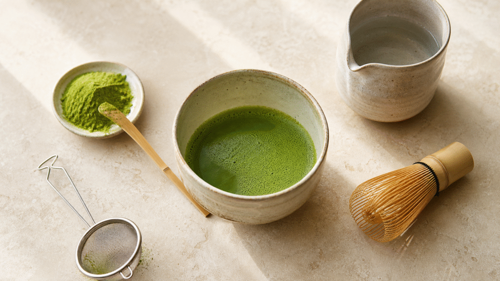 Bowl of straight hot matcha with bamboo whisk, sifter, measured powder and hot-water pitcher