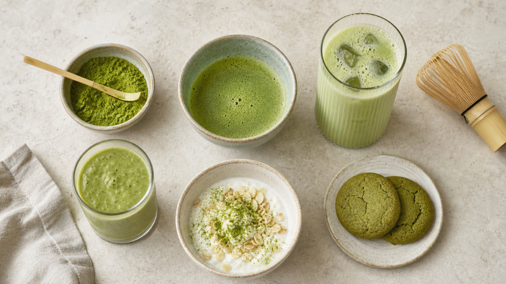 Matcha powder with tea, latte, smoothie, yogurt and cookies on a kitchen worktop