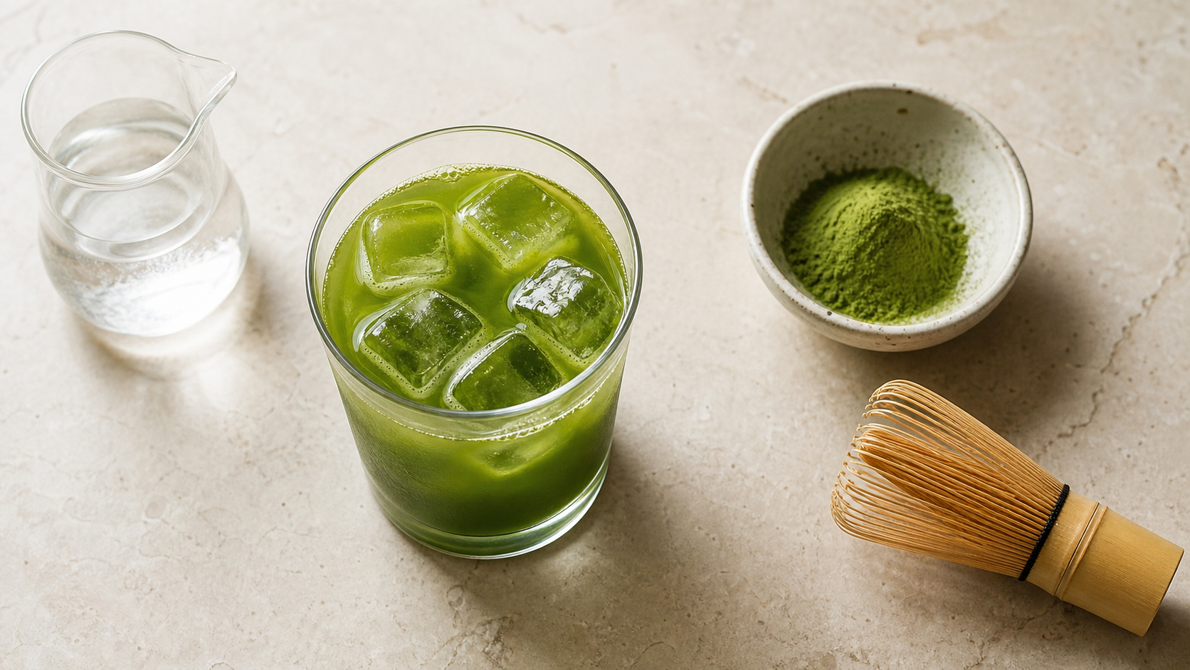Straight iced matcha made with water and ice beside matcha powder and a bamboo whisk