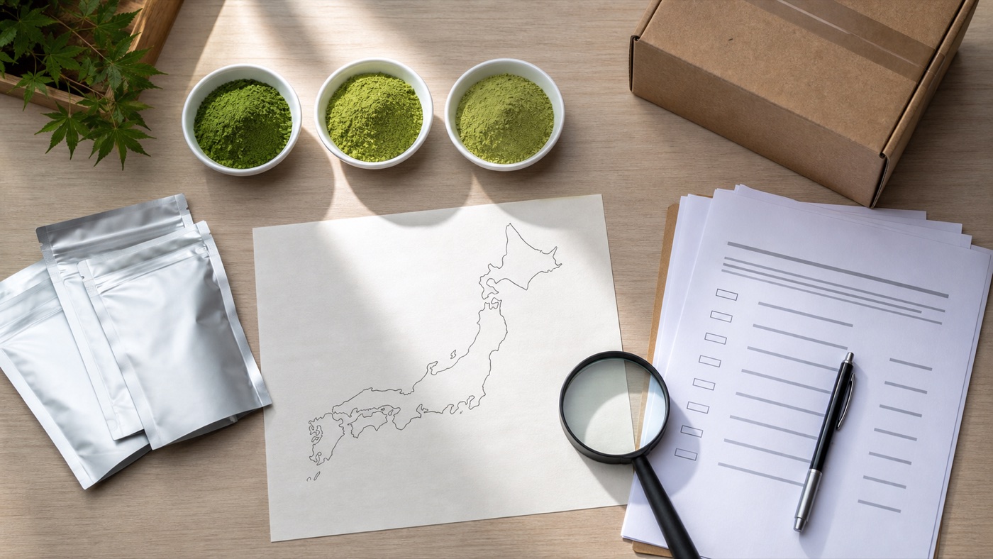 Japan map, matcha samples, sealed pouches and blank supplier documents