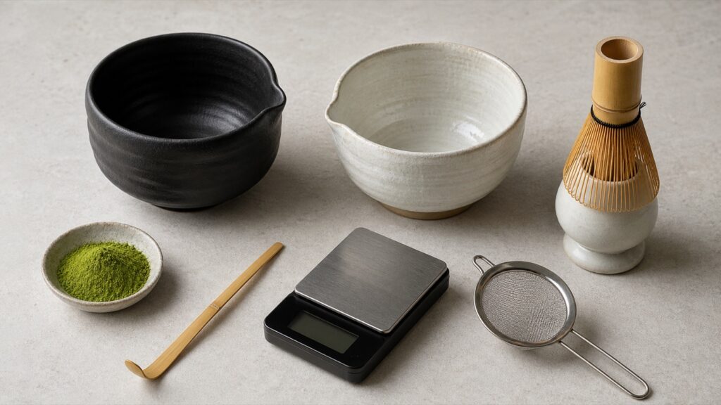 Black and white matcha bowls, bamboo whisk, stand, scoop and scale