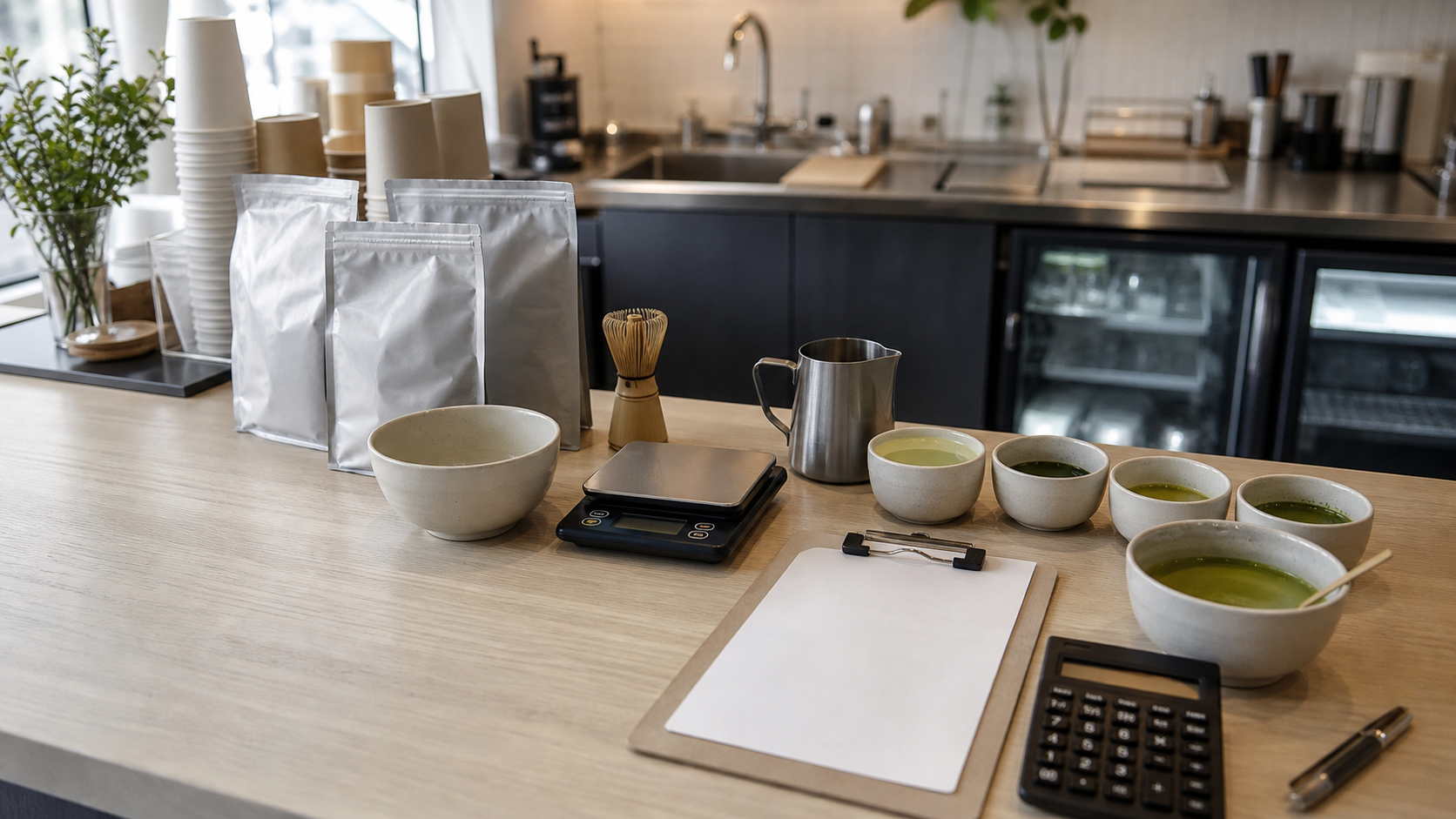 Matcha café counter with scale, whisk, sample bowls, plain ingredient bags and blank costing sheet