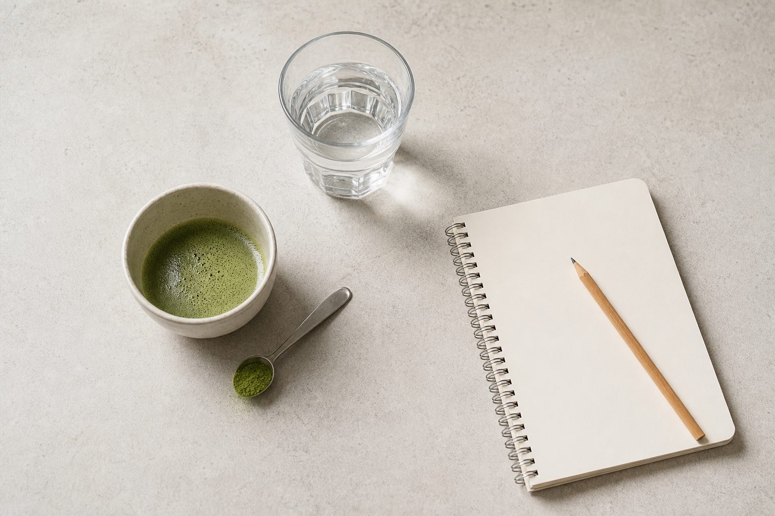 Matcha bowl, measured spoon, water and a blank notebook on a neutral table