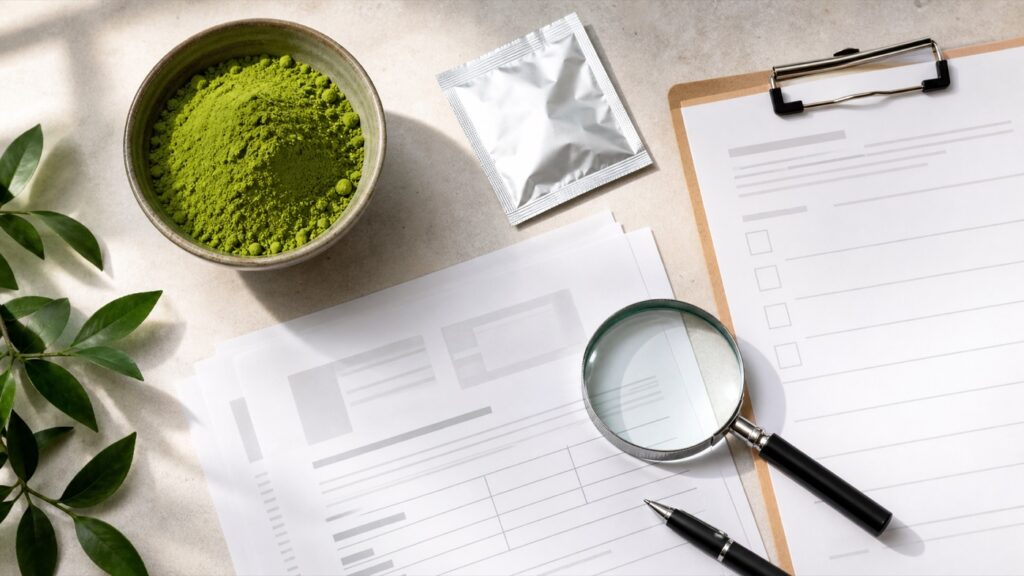Matcha powder, sealed sample pouch and blank supplier documents under review