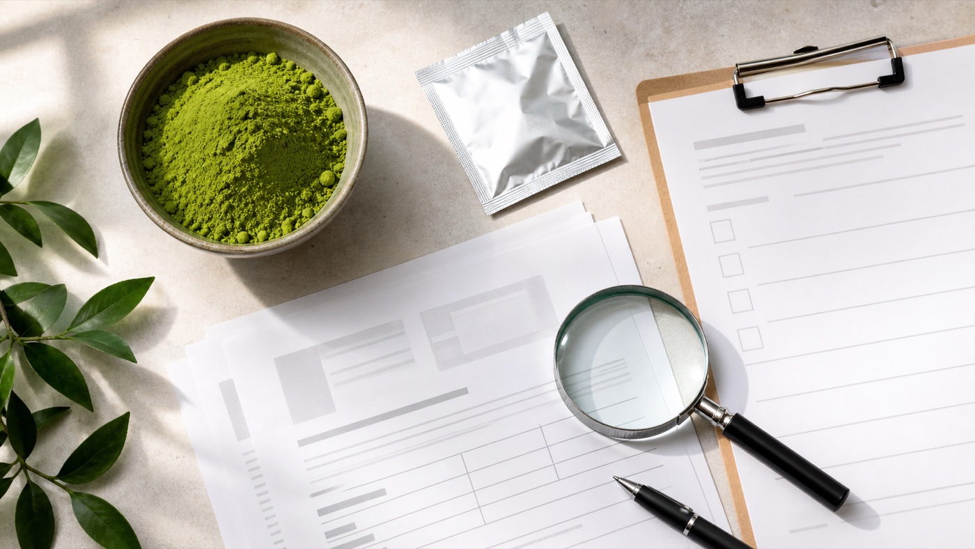 Matcha powder, sealed sample pouch and blank supplier documents under review