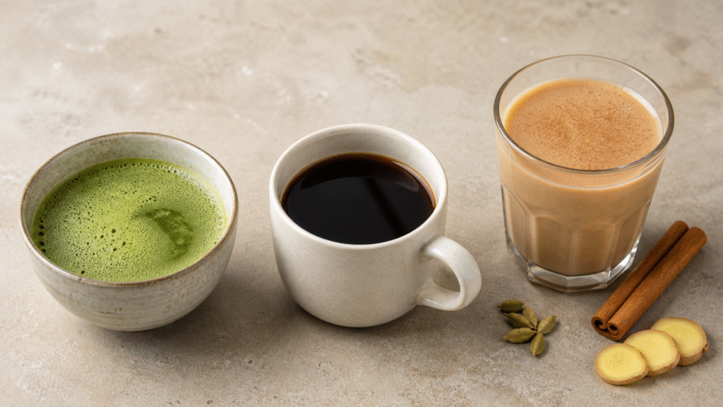 Unbranded matcha, black coffee and spiced chai drinks arranged side by side