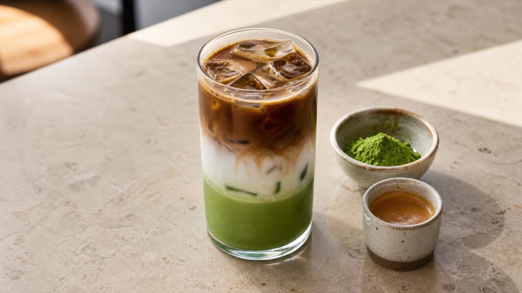 Layered iced matcha coffee latte with matcha powder and espresso