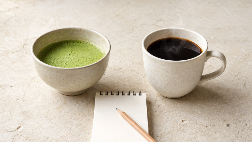 Plain whisked matcha and black coffee beside a blank comparison notebook