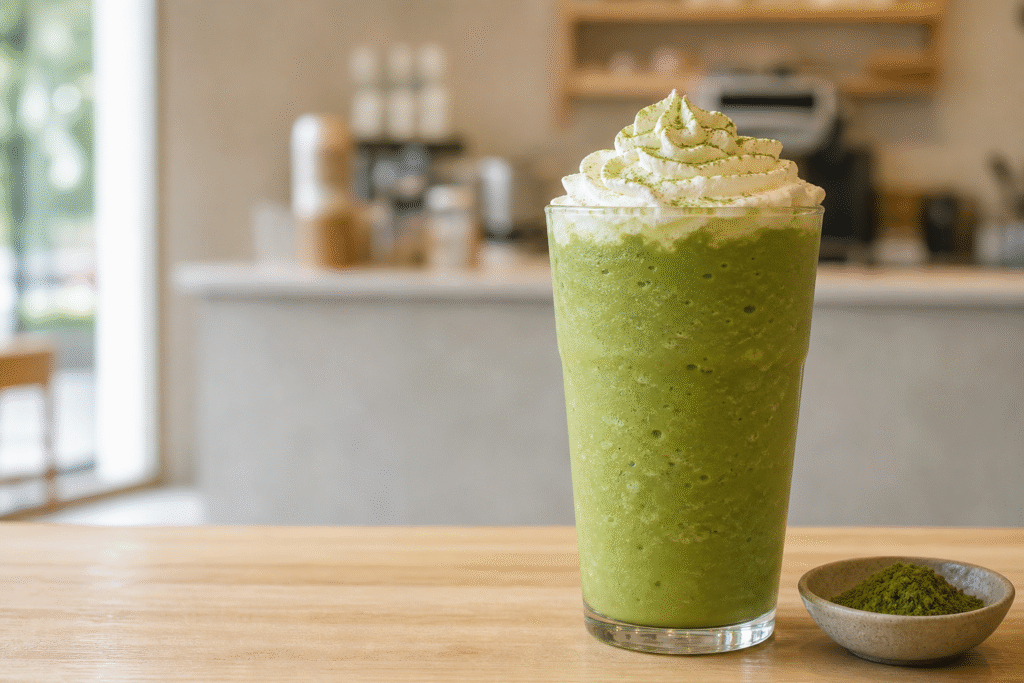 Unbranded green matcha blended drink with whipped cream beside a bowl of matcha