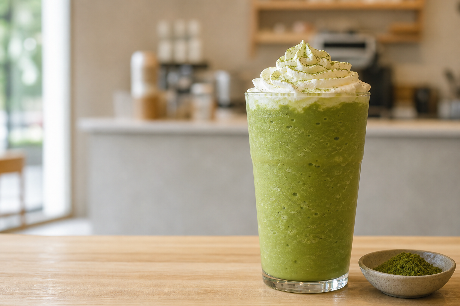 Unbranded green matcha blended drink with whipped cream beside a bowl of matcha