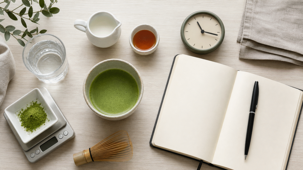 Matcha, water, milk, syrup, a scale and a blank symptom notebook on a kitchen worktop