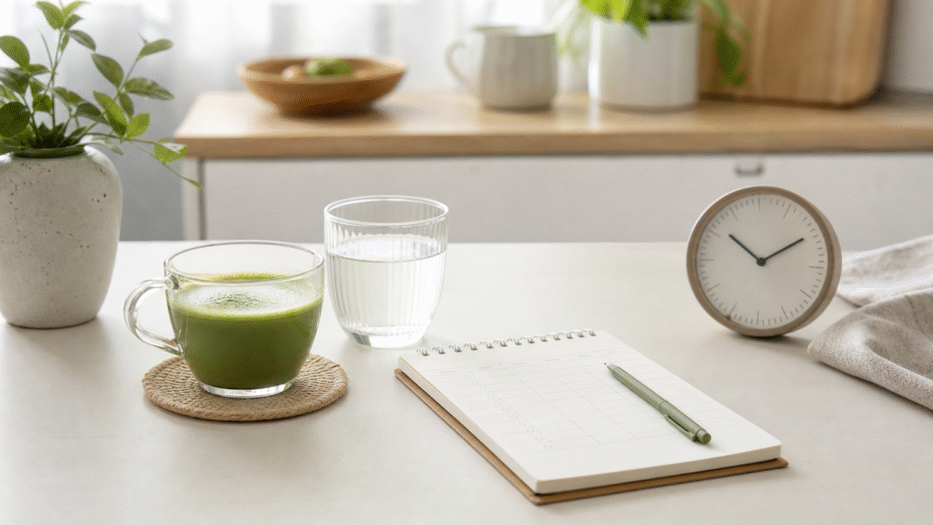 Cup of matcha beside water, a clock and a blank symptom-tracking notebook
