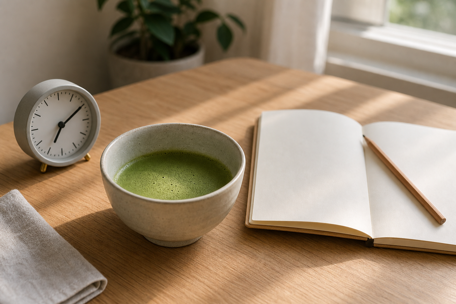 Unbranded bowl of matcha beside an analog clock, blank notebook and pencil