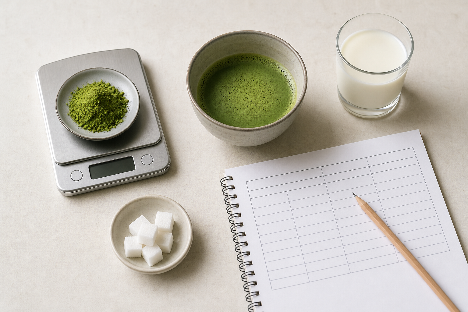 Matcha powder on a digital scale beside prepared matcha and a blank nutrition worksheet