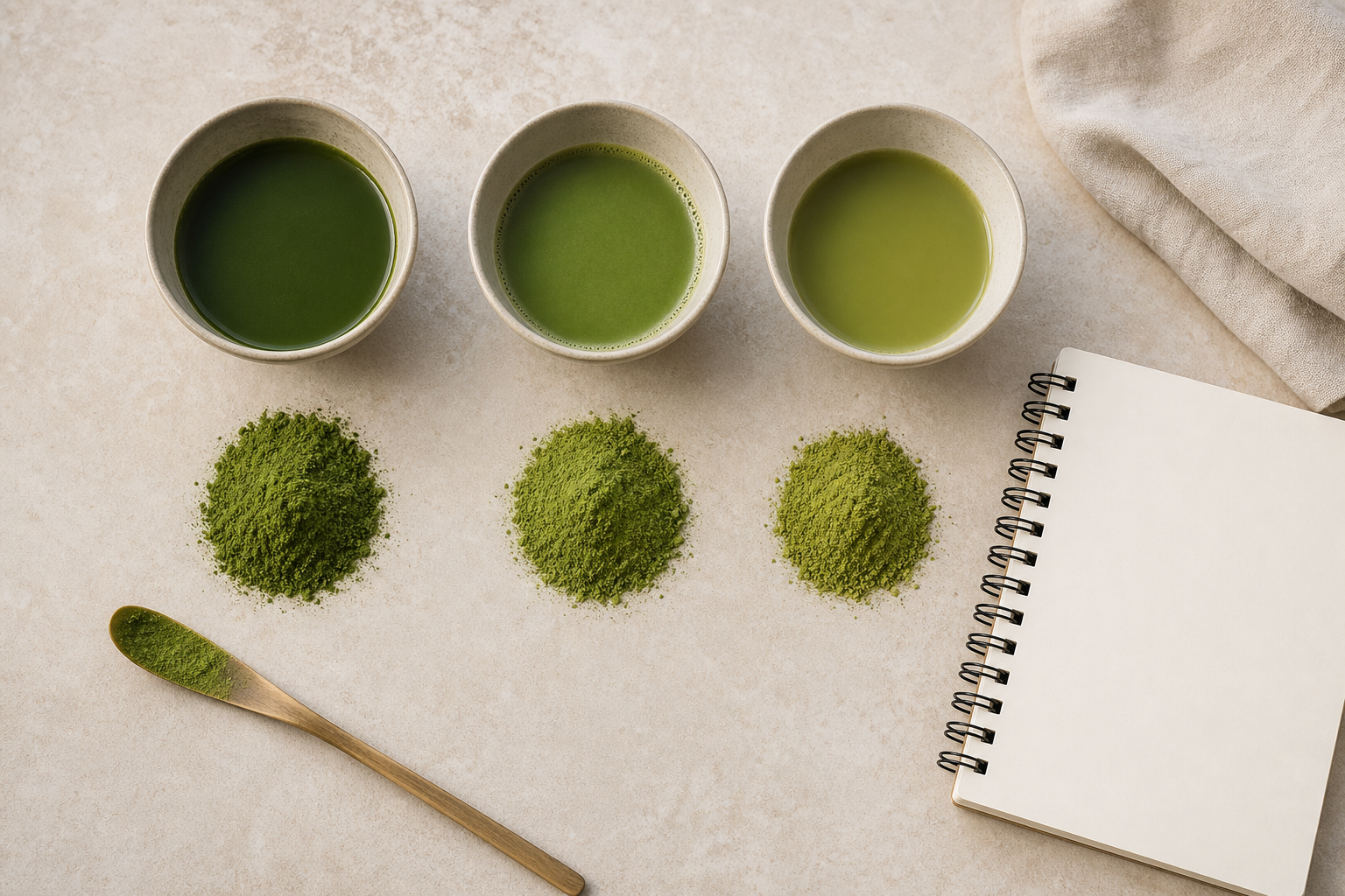 Three bowls and three powder samples arranged for a side-by-side matcha tasting