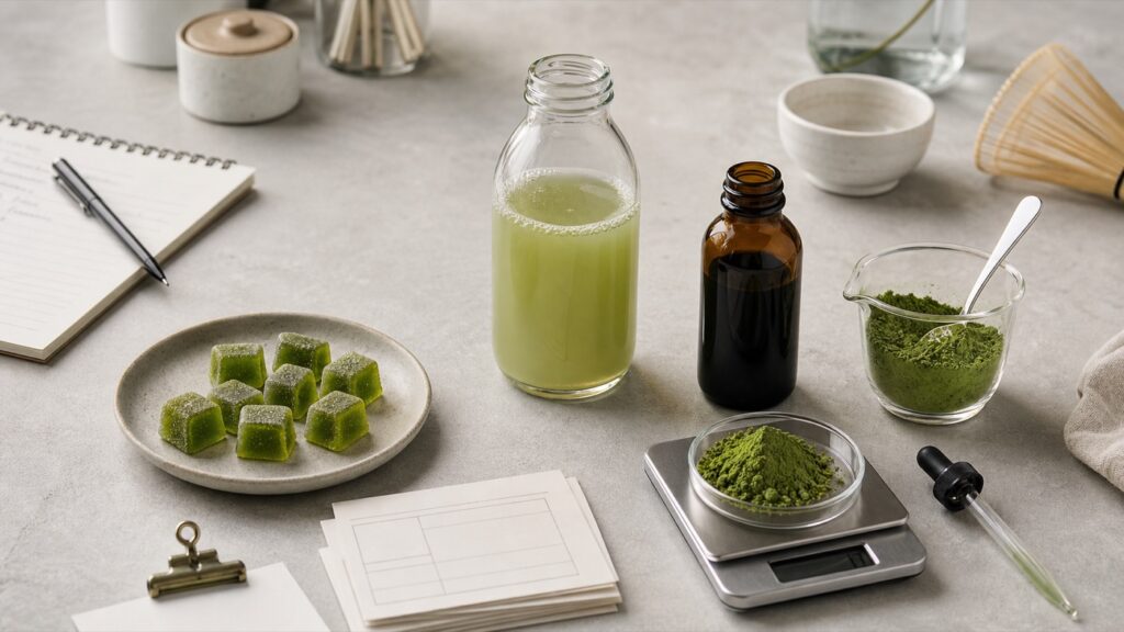 Unbranded matcha gummies, bottled drink, liquid concentrate and formulation tools