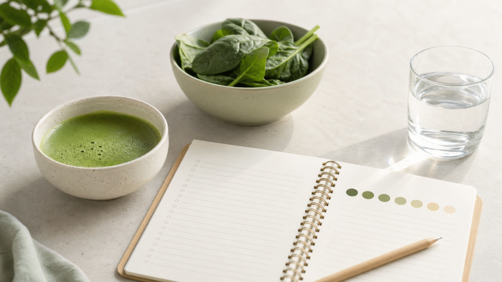 Matcha, leafy greens, water and a blank food-tracking notebook with green color swatches