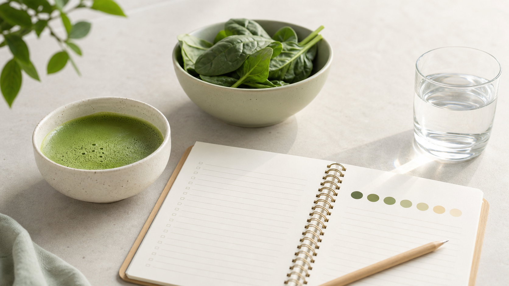 Matcha, leafy greens, water and a blank food-tracking notebook with green color swatches