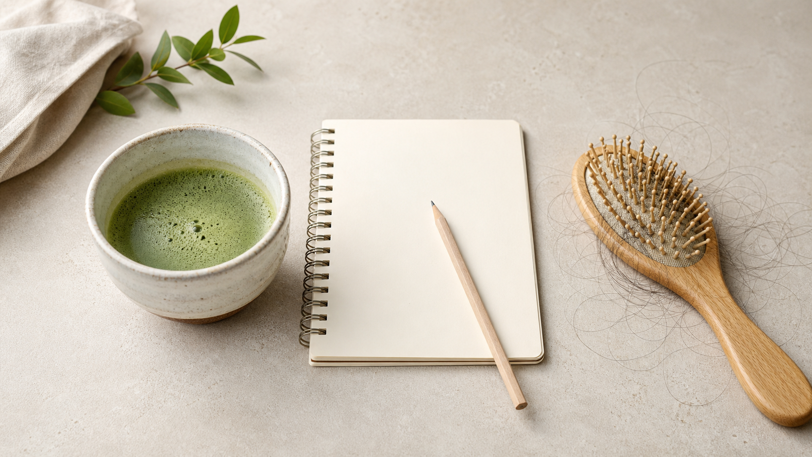 Bowl of matcha, blank research notebook and wooden hairbrush arranged separately