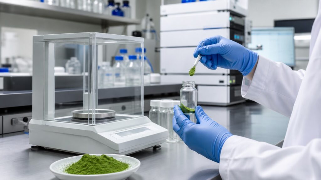 Laboratory technician preparing matcha powder for heavy metals analysis