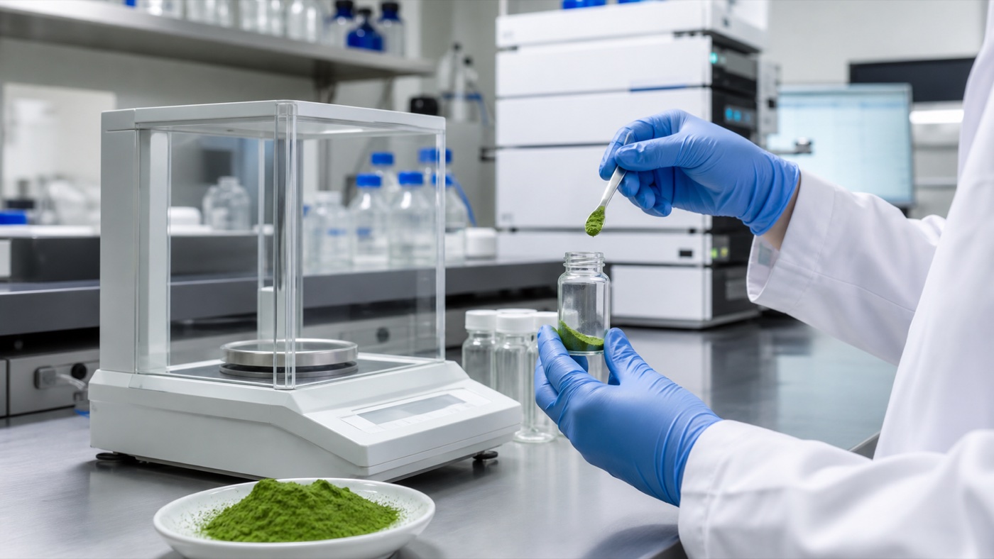 Laboratory technician preparing matcha powder for heavy metals analysis