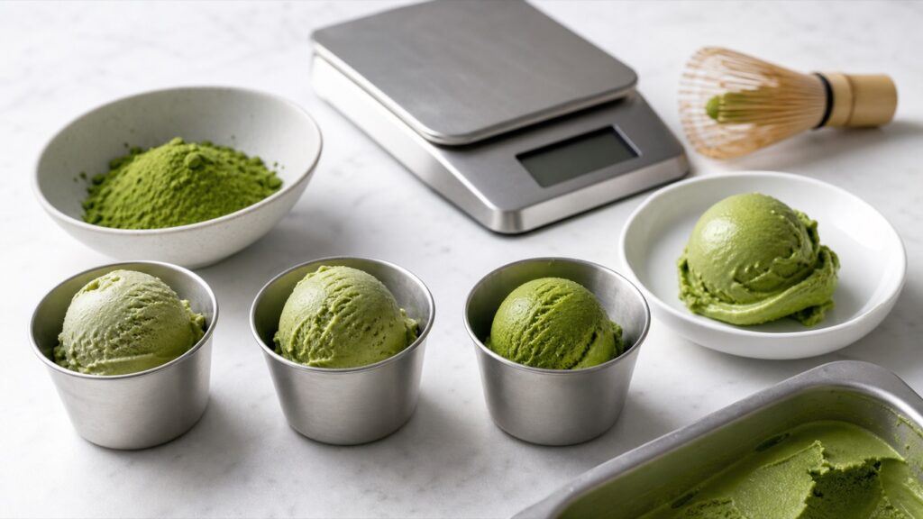 Matcha ice cream test samples with matcha powder, scale and whisk