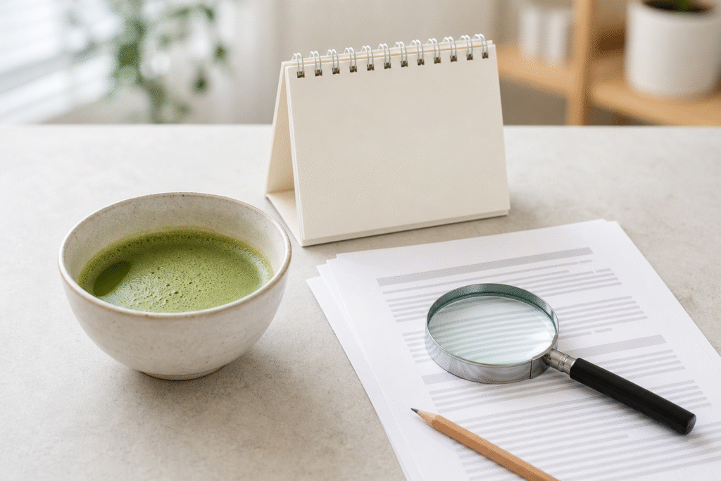Unbranded bowl of matcha beside a blank calendar, research papers, magnifying glass and pencil