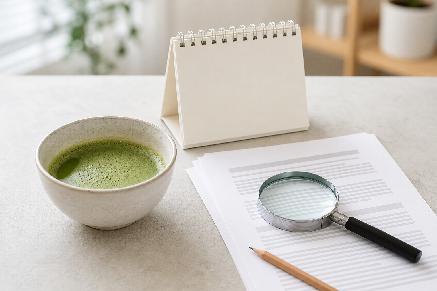 Unbranded bowl of matcha beside a blank calendar, research papers, magnifying glass and pencil