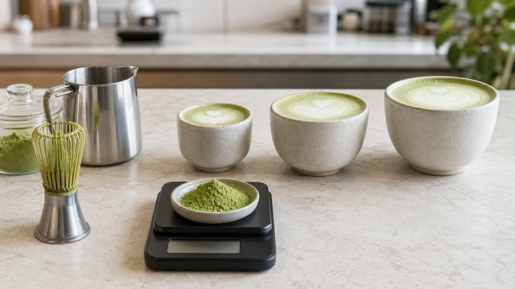 Measured matcha powder beside three unbranded matcha lattes in different cup sizes