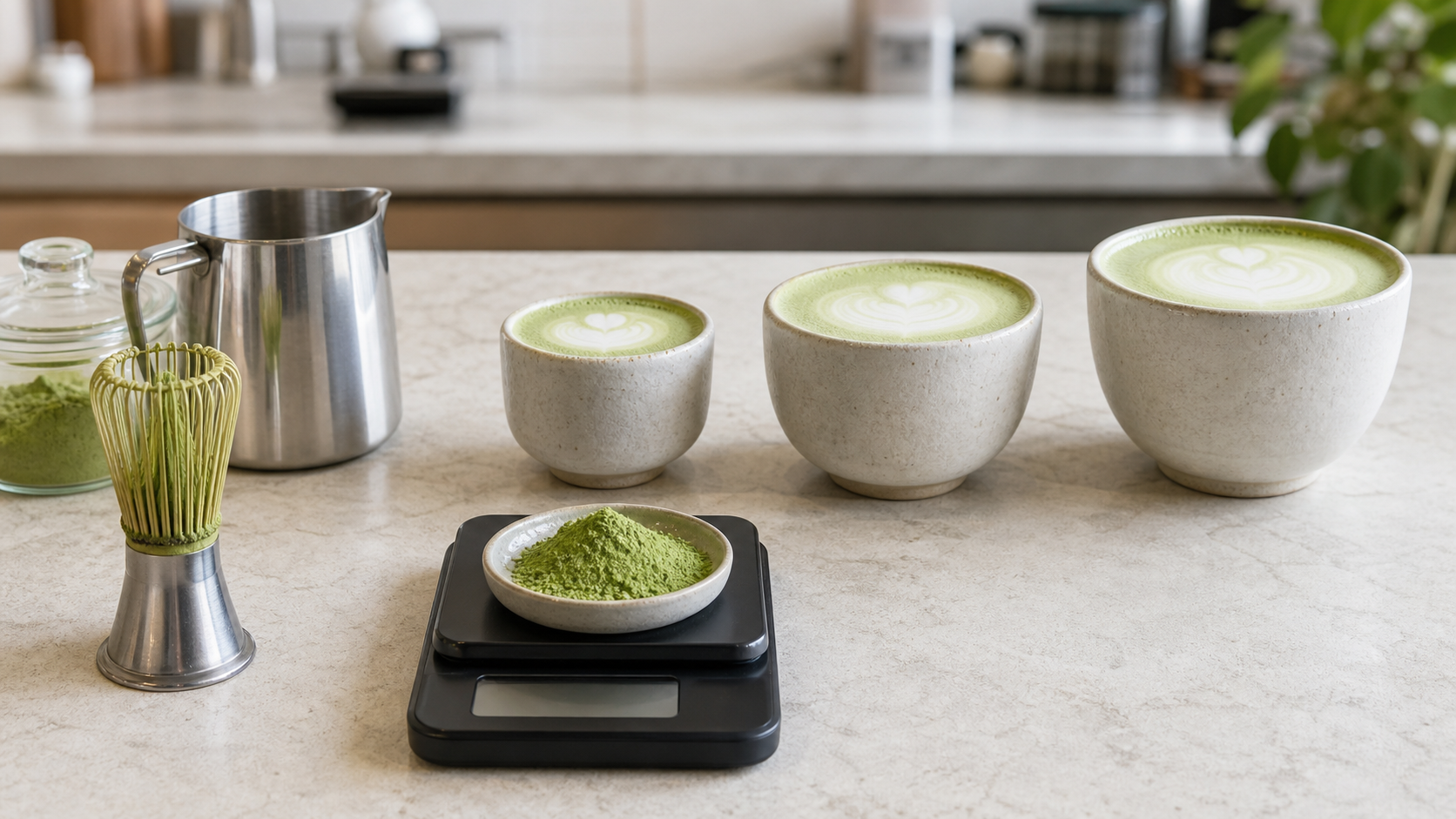 Measured matcha powder beside three unbranded matcha lattes in different cup sizes
