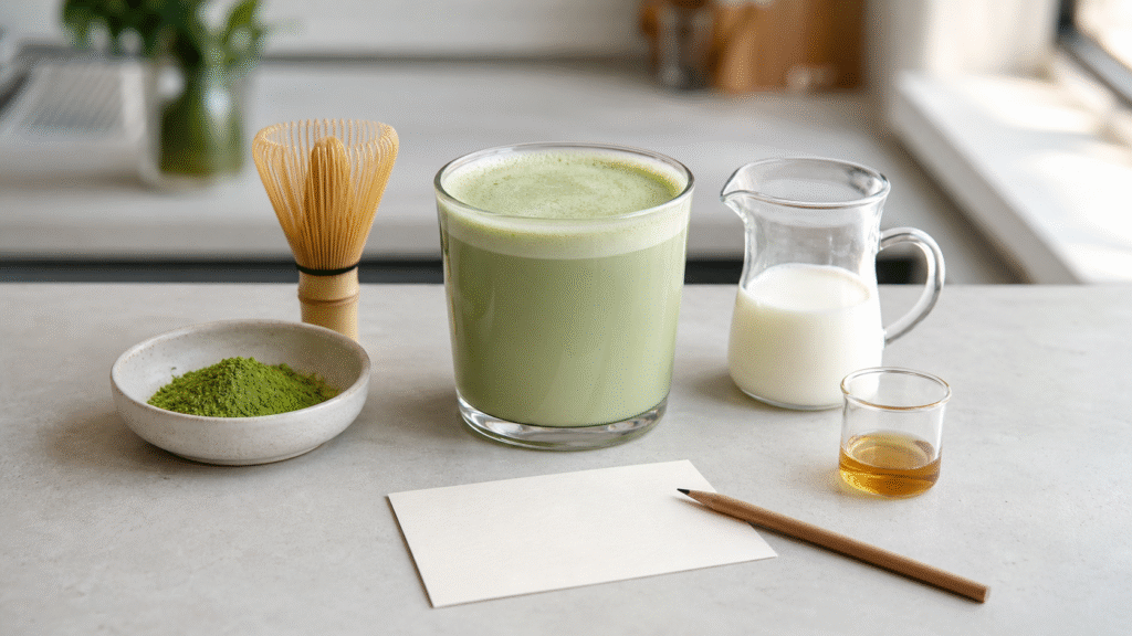 Plain matcha latte with separate matcha, milk, syrup measure and blank recipe card